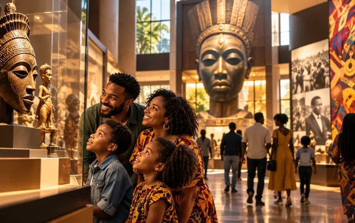 Illustrative image of a Black family exploring African and Black heritage displays in a museum
