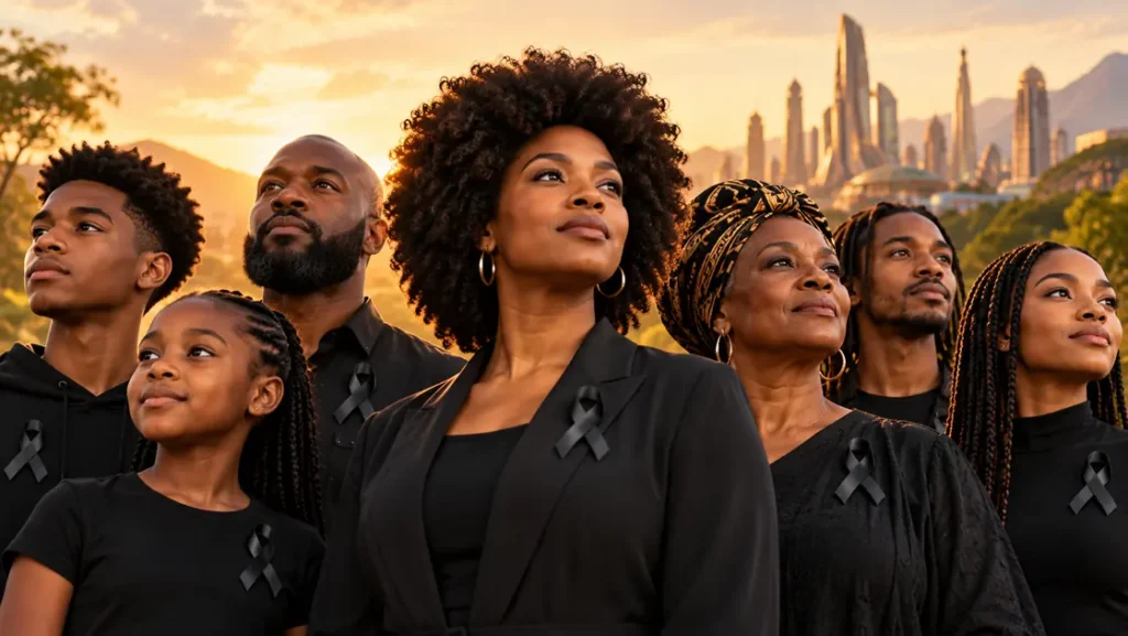 Illustrative image of Black American and Caribbean community members standing together wearing black ribbons