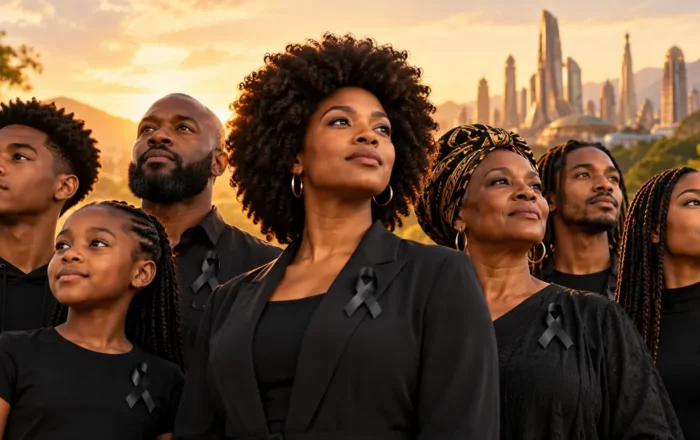 Illustrative image of Black American and Caribbean community members standing together wearing black ribbons