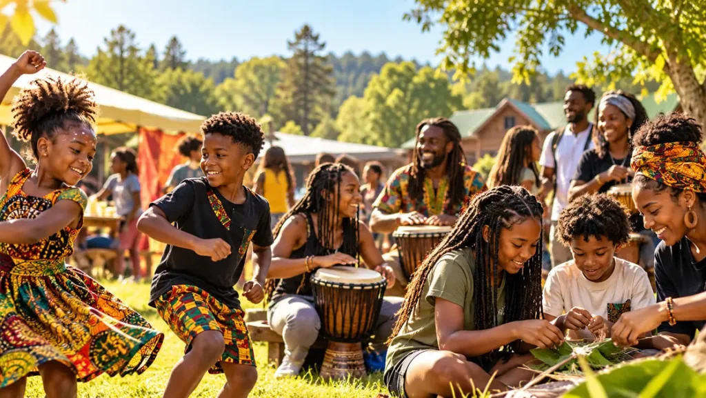 Illustrative image of Black Caribbean and African American youth playing, learning, and celebrating together at an outdoor community camp