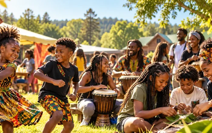 Illustrative image of Black Caribbean and African American youth playing, learning, and celebrating together at an outdoor community camp