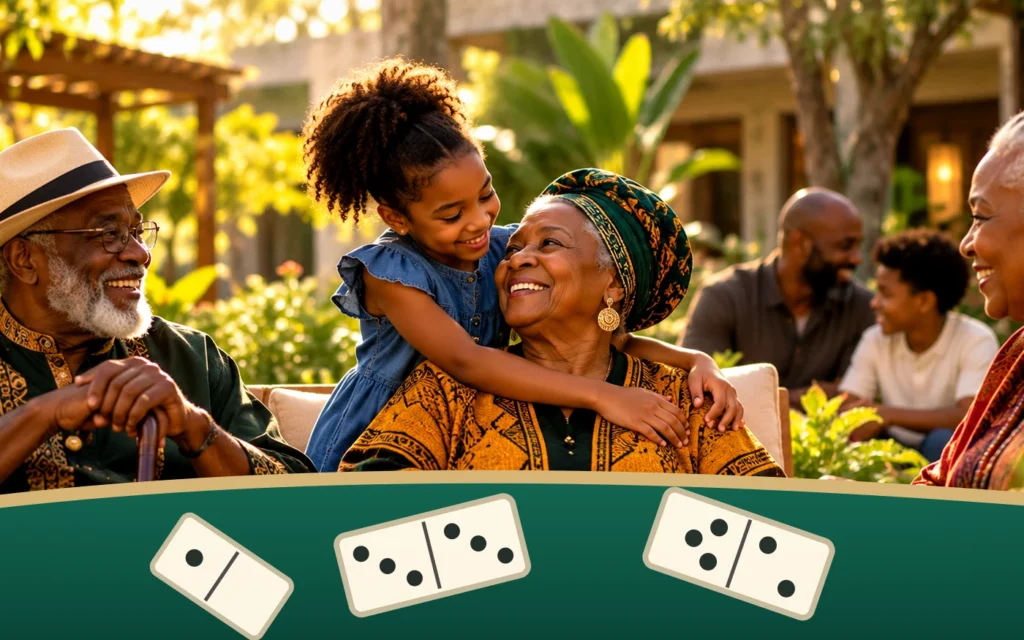 Black Caribbean and African American family and elders together beside an illustrated domino table