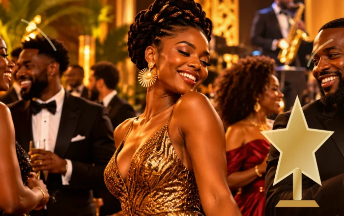 Black woman at elegant golden cultural award celebration with an original gold award emblem