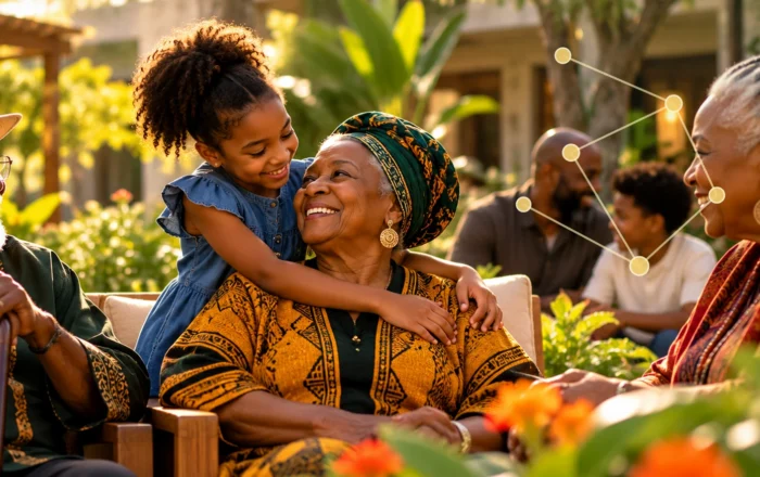 African American and Caribbean Black elders and children spending time together, with subtle network connections