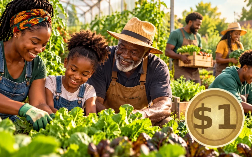 Black family of multiple generations working together at a garden with a symbolic one dollar gold coin
