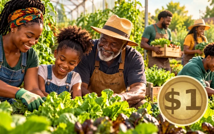 Black family of multiple generations working together at a garden with a symbolic one dollar gold coin