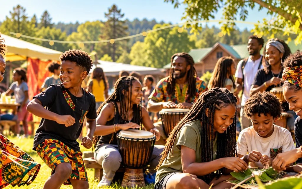 Black Caribbean and African American families enjoying outdoor music, food and community activities