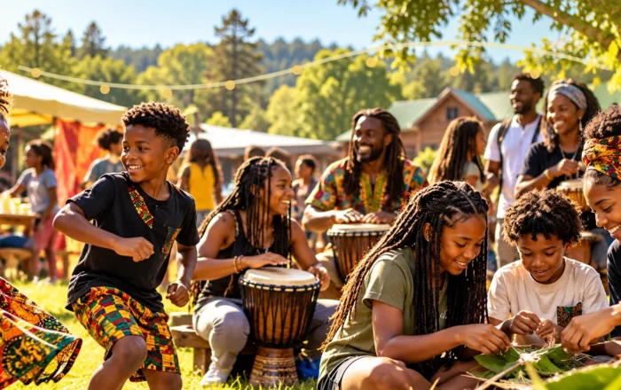 Black Caribbean and African American families enjoying outdoor music, food and community activities