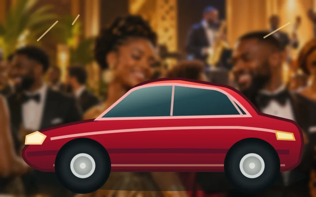 Original illustrated red sports coupe at a cultural community show with Black attendees behind it