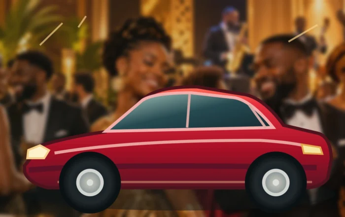 Original illustrated red sports coupe at a cultural community show with Black attendees behind it
