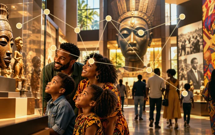 Black family exploring cultural heritage with an illustration of connected community network nodes