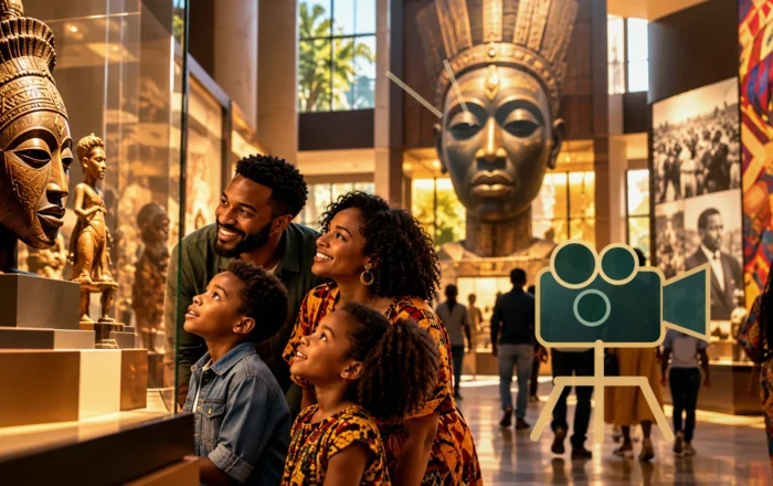 AI-generated Black family exploring Black heritage with an original professional film camera illustration