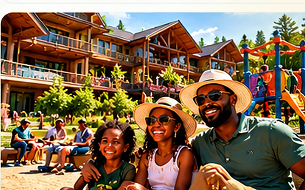 AI concept of Black Caribbean and African American families together at a proposed Wakanda-style resort lodge