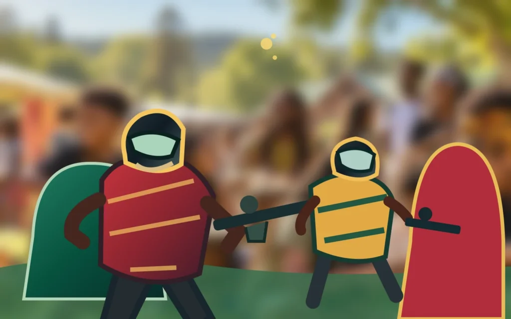 Original illustration of fully face-masked youth paintball players with recreational safety equipment on an outdoor course