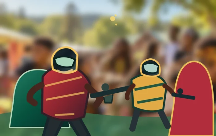 Original illustration of fully face-masked youth paintball players with recreational safety equipment on an outdoor course