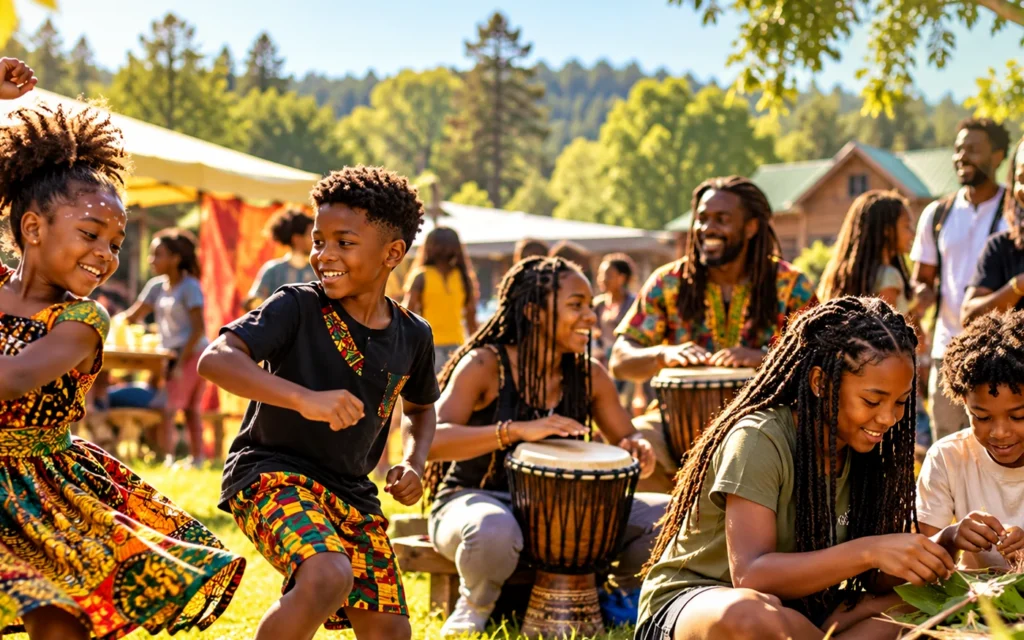 Original concept image of Black youth enjoying an outdoor cultural community camp activity