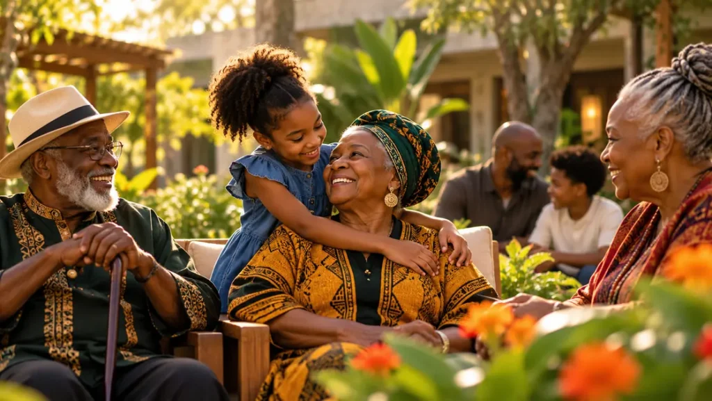 Illustrative image of Black Caribbean and African American elders smiling with younger family members in a sunlit garden