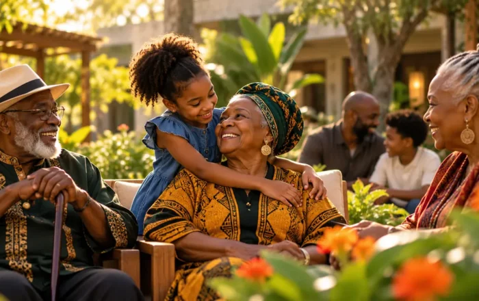 Illustrative image of Black Caribbean and African American elders smiling with younger family members in a sunlit garden