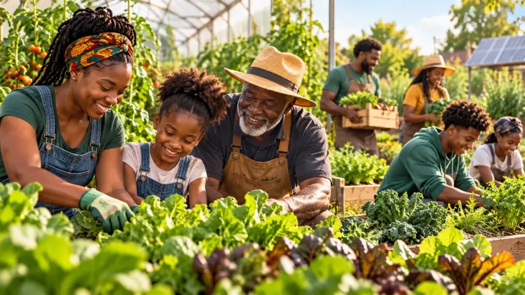 Illustrative image of Black Caribbean and African American youth, adults, and elders tending produce together in a lush community greenhouse