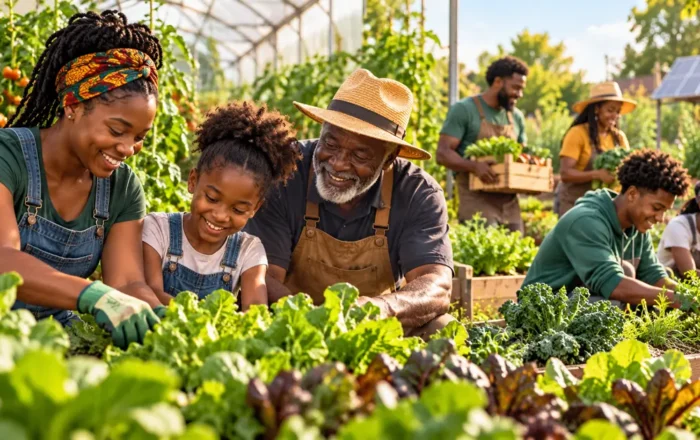Illustrative image of Black Caribbean and African American youth, adults, and elders tending produce together in a lush community greenhouse
